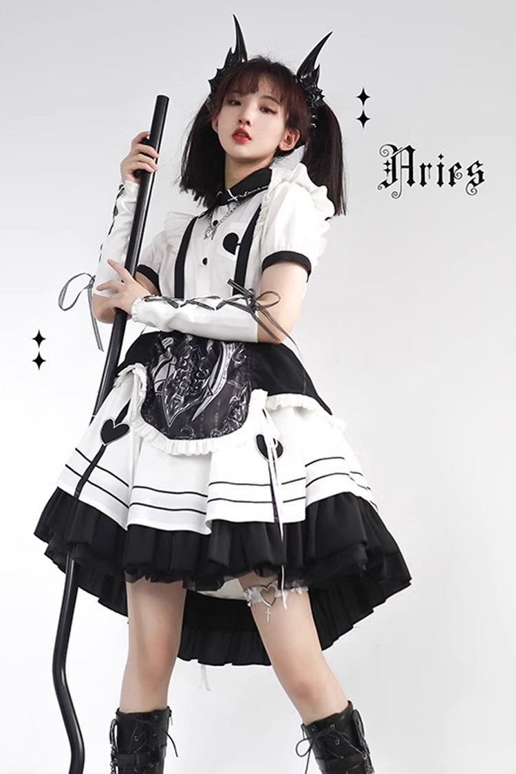 White Black Ruffle British Style Maid Gothic Lolita Strap Dress