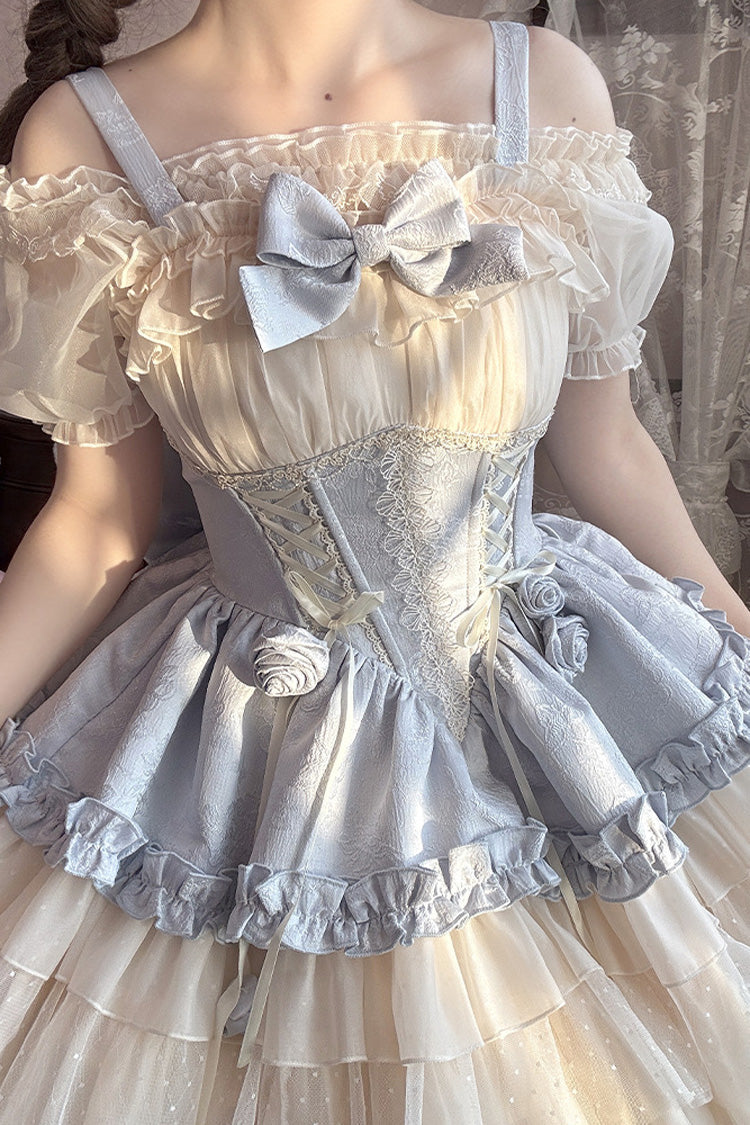 Triple-Layered Ballet Bow Lace-Up Sweet JSK Dress in Blue Ivory