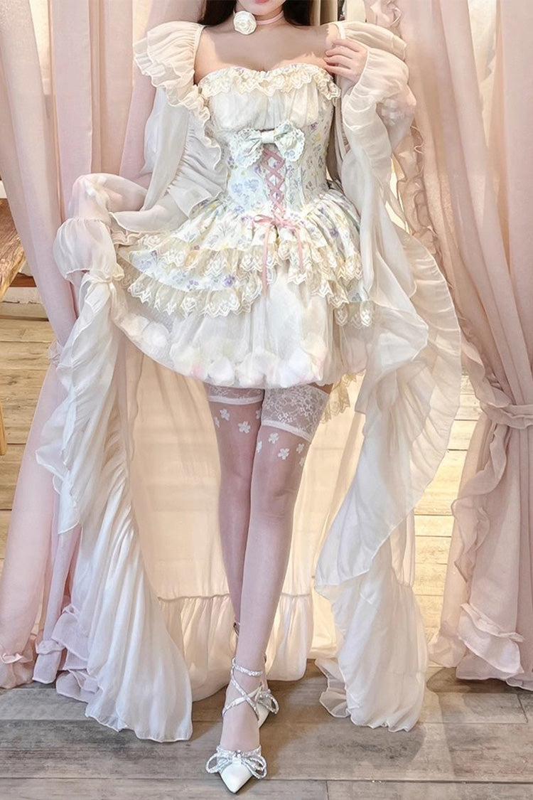 Cream Flower Story Tulip Print Bow Lace Sweet Lolita Skirt