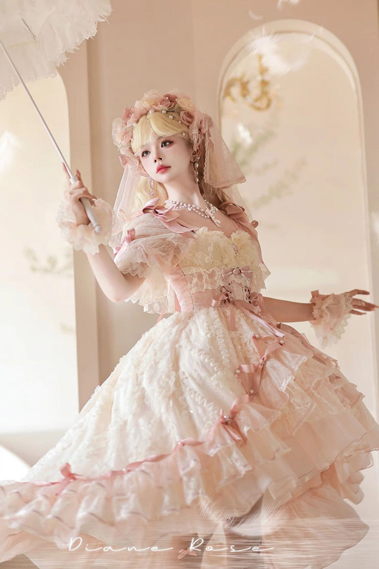 Diane Rose Pink Short Sleeves Multi-Layered Jacquard Ruffle Hanayome Cardigan Bowknot Lace Sweet Dress