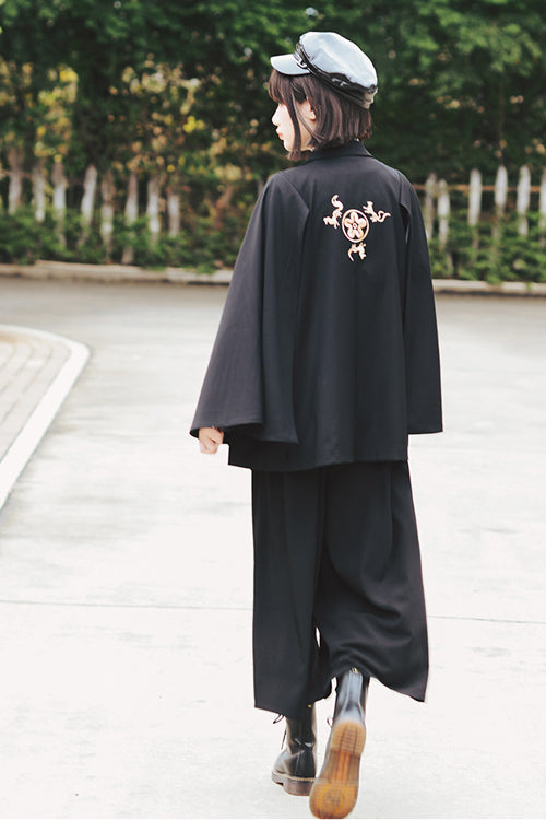 Demonic Embroidered Ouji Wide-Leg Trousers in Black