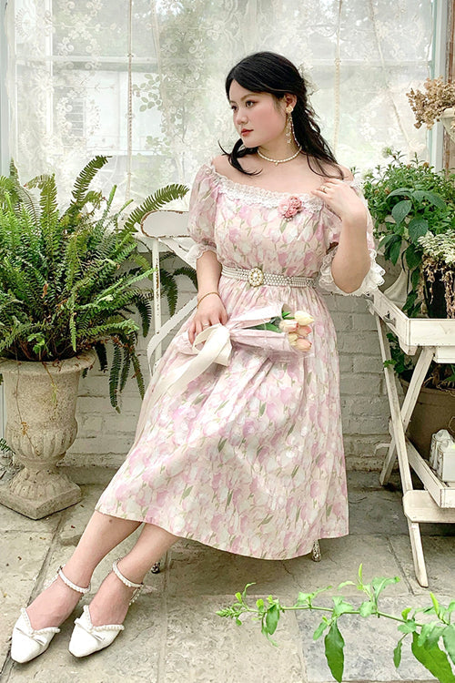 Boat Neck Ruffled Short Sleeves Plus-Size Floral Print High-Waist Girly Lolita OP Gown