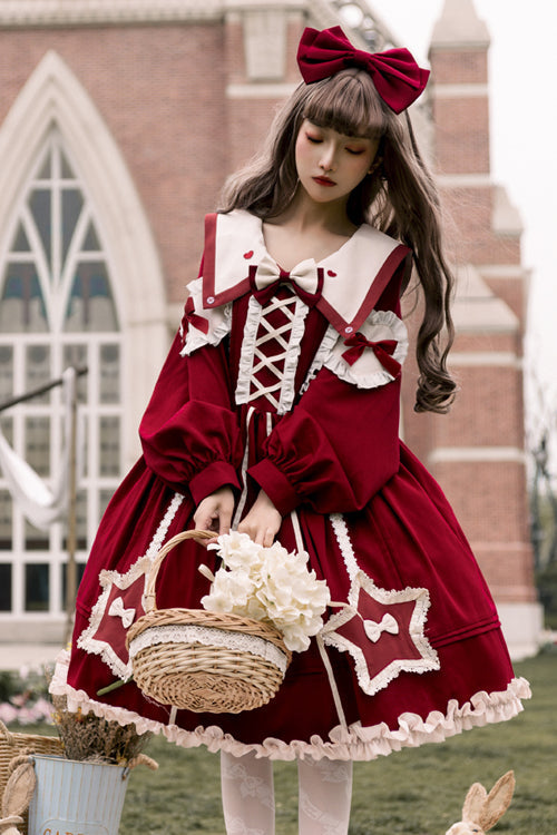 Pentagram Embroidered Lolita OP Dress - Chiffon Lantern Sleeve