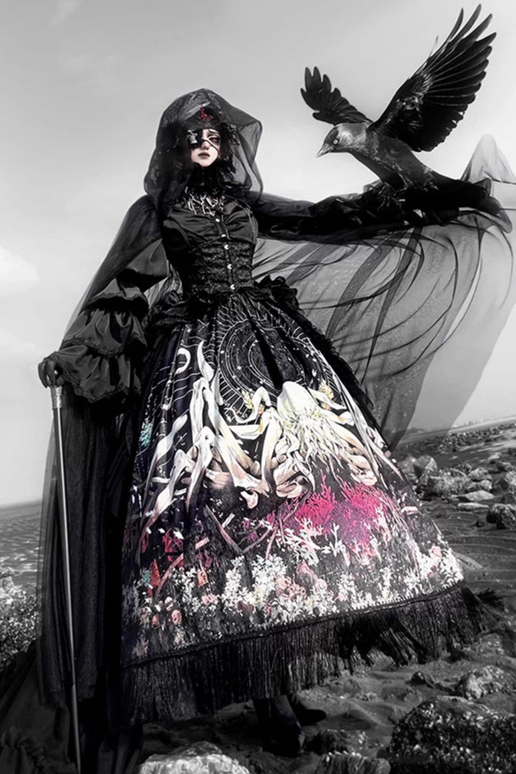Black Reborn Ancient God Long Hime Sleeve Print Lace Gothic Lolita Skirt Set