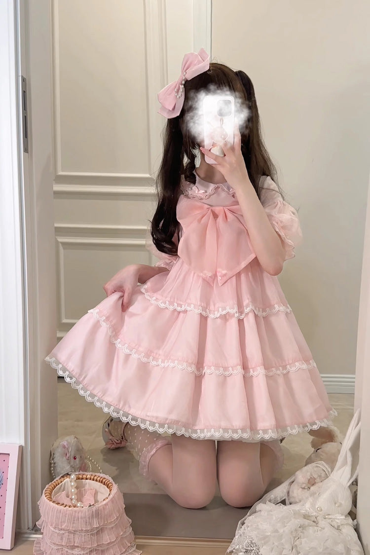 Pearl-Trimmed High-Waist Bow JSK Dress for Sweet Lolita - Multicolor