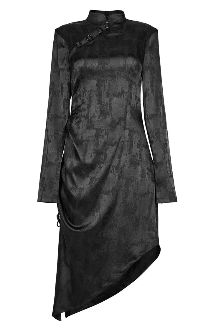 Jacquard Cotton Cheongsam Pointed Hem Drawstring Collar Long Sleeve Punk Dress