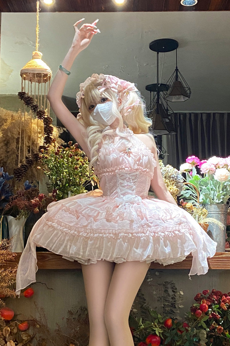 Pink Halter Triple Bow Lace Lolita Jumper Dress