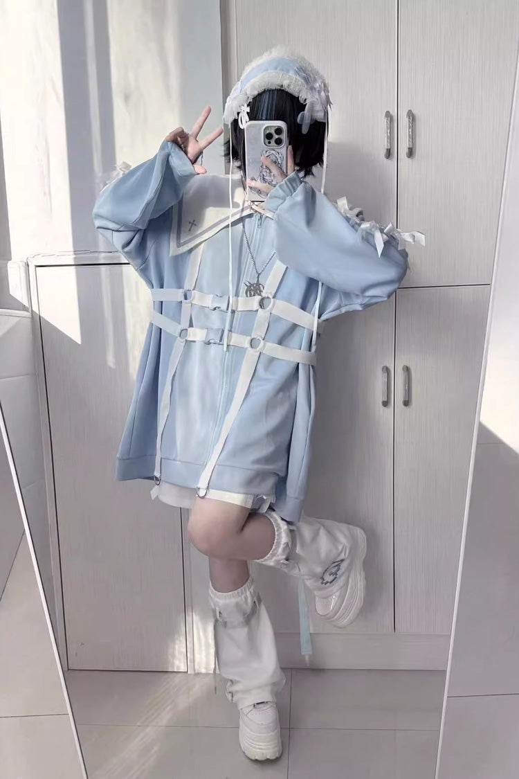 Sailor Collar Long Sleeve Cross Print Bow Coat - Jirai Kei