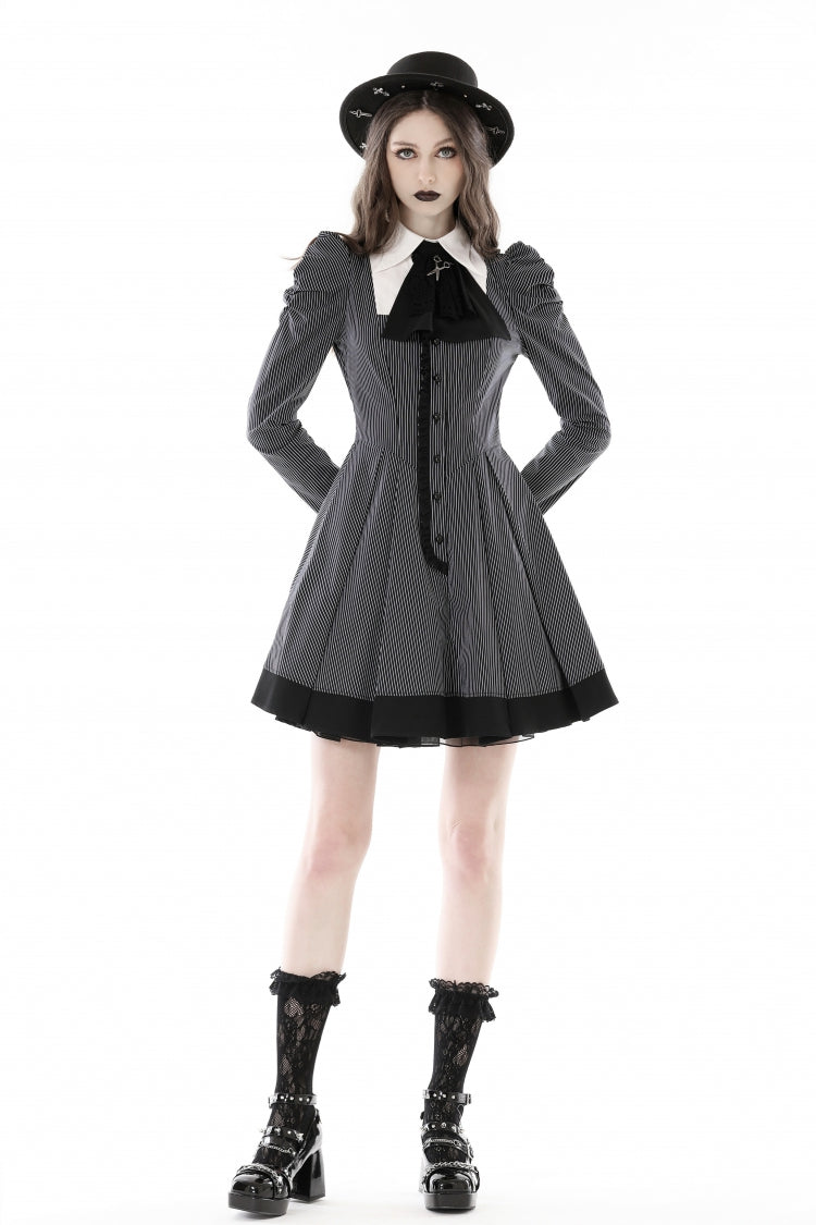 Lapel Collar Long Puff Sleeves Striped Preppy Gothic Dress