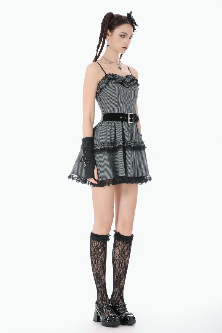 Ruffled Pinstripe Sleeveless Mini Slip Dress - Gothic