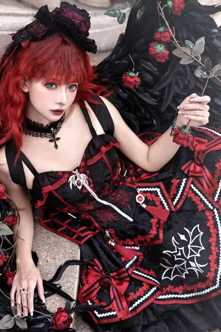 Black Red Bat Print Ruffle Cardigan Gothic Lolita Jsk Dress