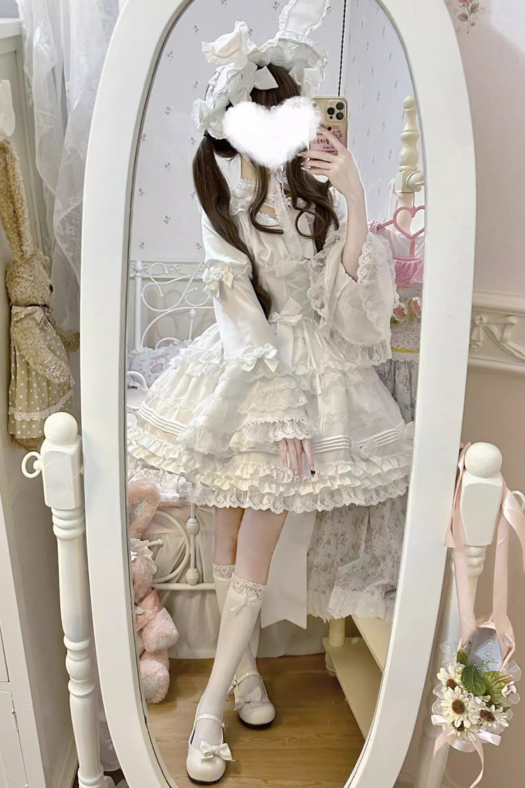 Ivory Layered Frosting Ruffle Bow Lace Sweet Dress