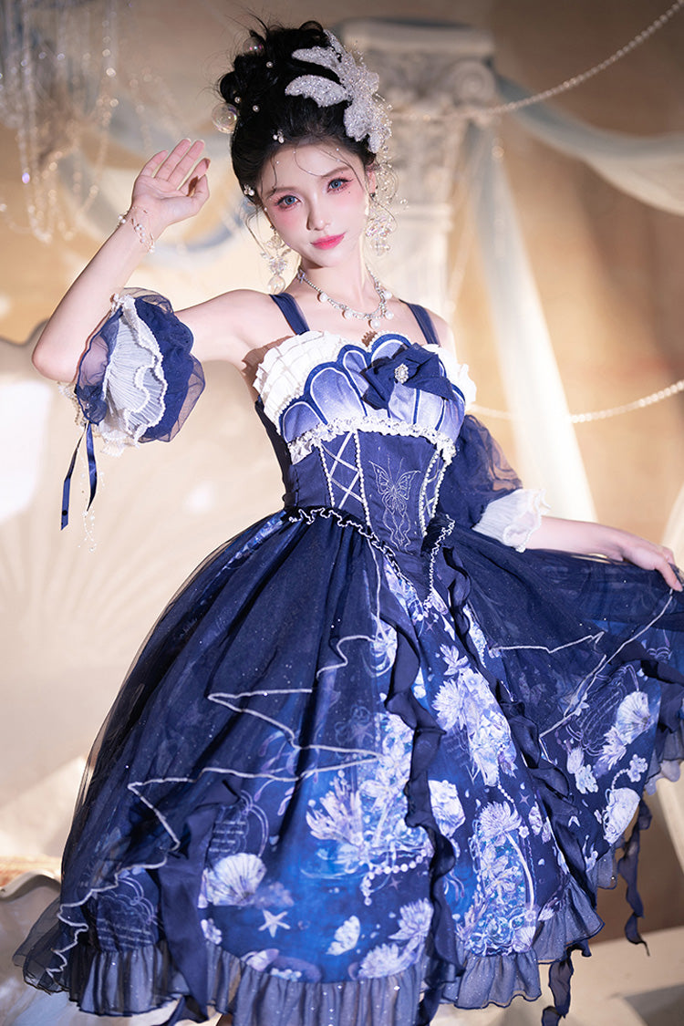 Blue Print Ruffle Lace Sweet Elegant Lolita Jsk Dress