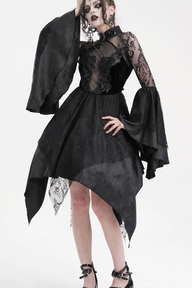 Black Long Sleeves Embroidery Lace Up Irregular Mesh Gothic Dress