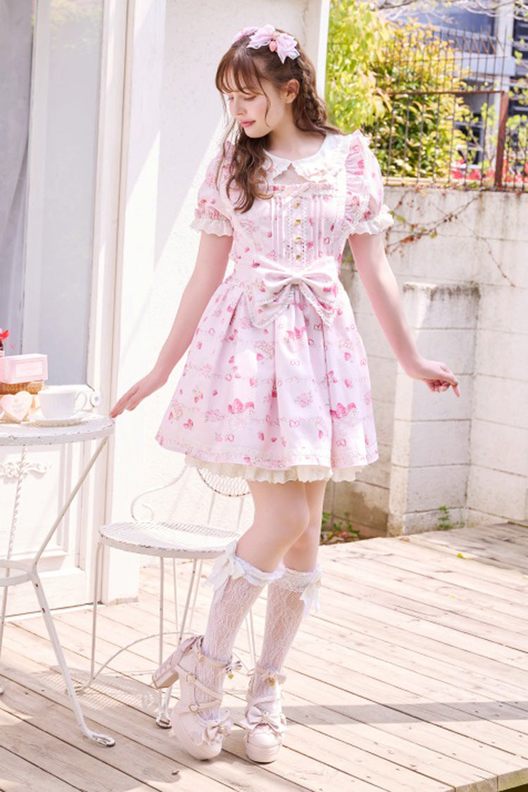 Pink Creamy Berry Print Puff Sleeve Ruffle Bow Lace-Up Sweet Jirai Kei Dress