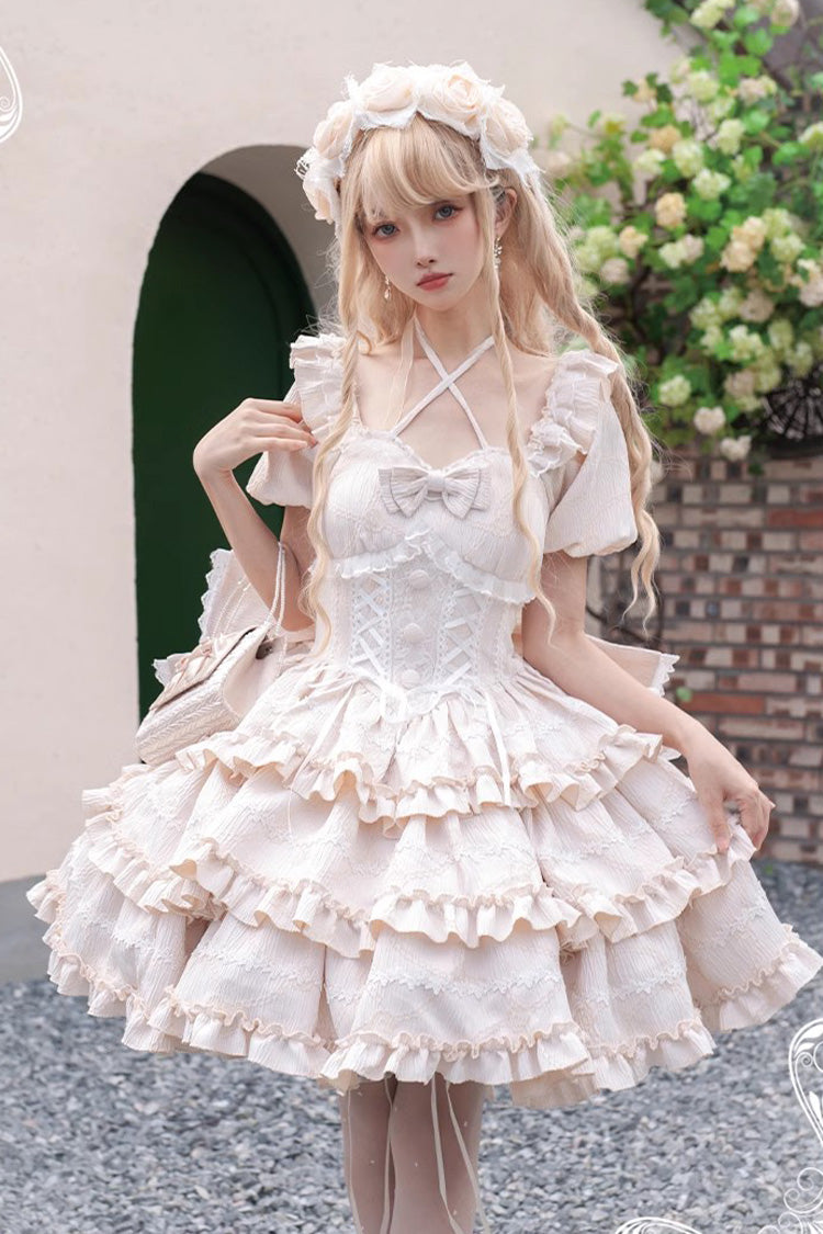 Champagne Square Collar Short Sleeve Triple Ruffle Bow Sweet Lolita Dress