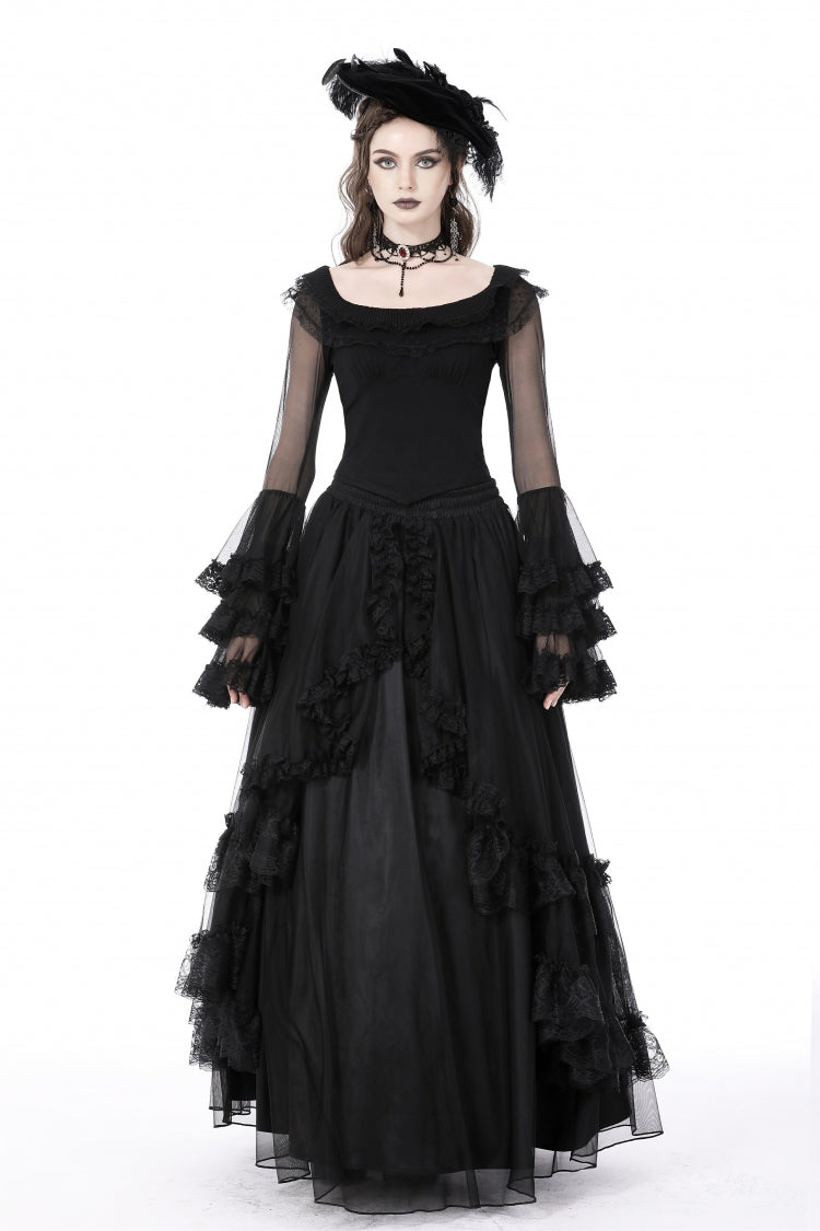 Gothic Women's Top with Trumpet Sleeves and Ruffles, Black