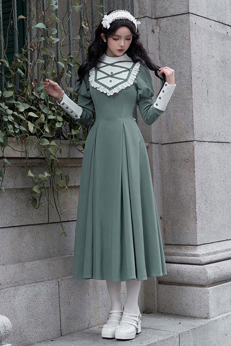 Emerald Nun-Inspired Stand-Collar Long-Sleeve Lolita with Ruffle Bow