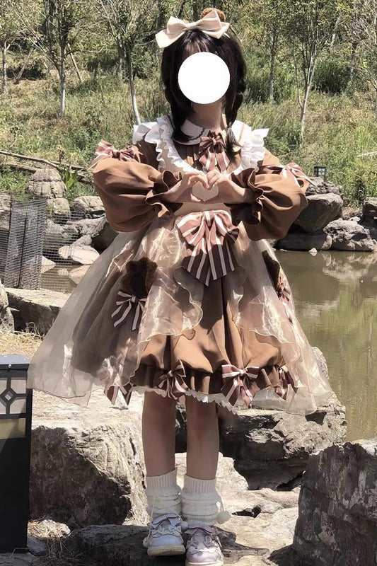 Bear Motif High-Waisted Ruffle Bow Sweet Lolita Dress