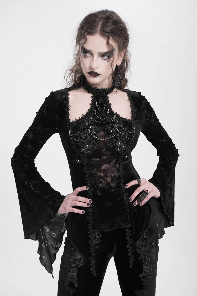Graceful Black Jacquard Embroidered Trumpet Sleeve Halter Gothic Blouse