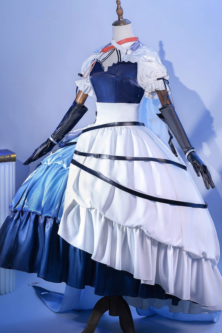 Blue/White Arknights Short Puff Sleeves Ruffle Cardigan Asymmetric Classic Anime Cosplay Lolita Dress Set