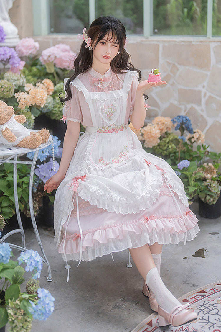 Blush Mandarin Collar Short Sleeve Ruffled Embroidered Lace Sweet Chinese Inspired Lolita Gown