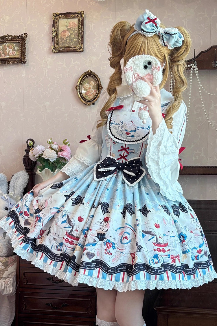 Sleeveless Print Ruffle Bowknot Lace Sweet Lolita Jsk Dress Blue