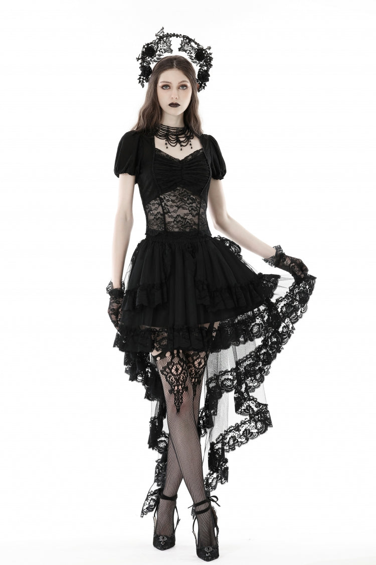 Gothic Swallow Tail Skirt with Irregular Lace Ruffles, Black