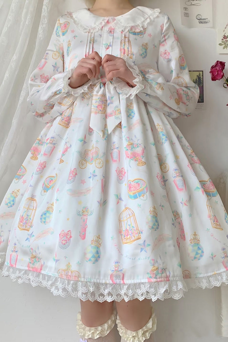 White Apricot Long Sleeve Print Bow Lace Sweet Plus Size Lolita Dress