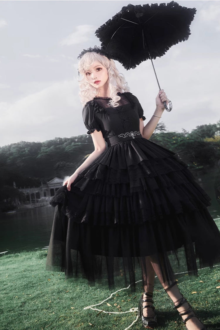 Black Gothic Dress with Five-Tiered Ruffle Sleeves