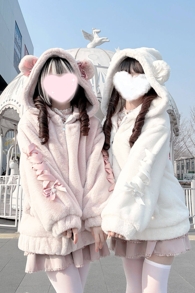 Sleepy Bear Fluffy Japanese Jirai Kei Coat with Bow and Lace-Up