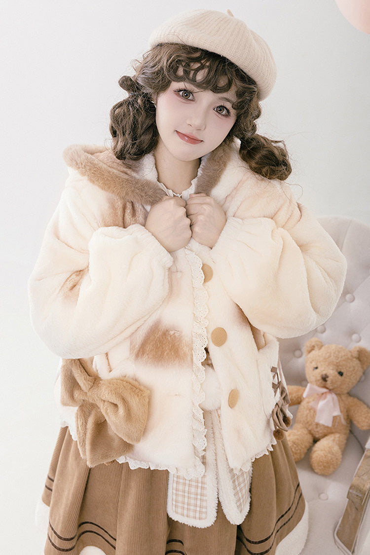 Cream Mocha Bear Print Hooded Bow Sweet Lolita Coat