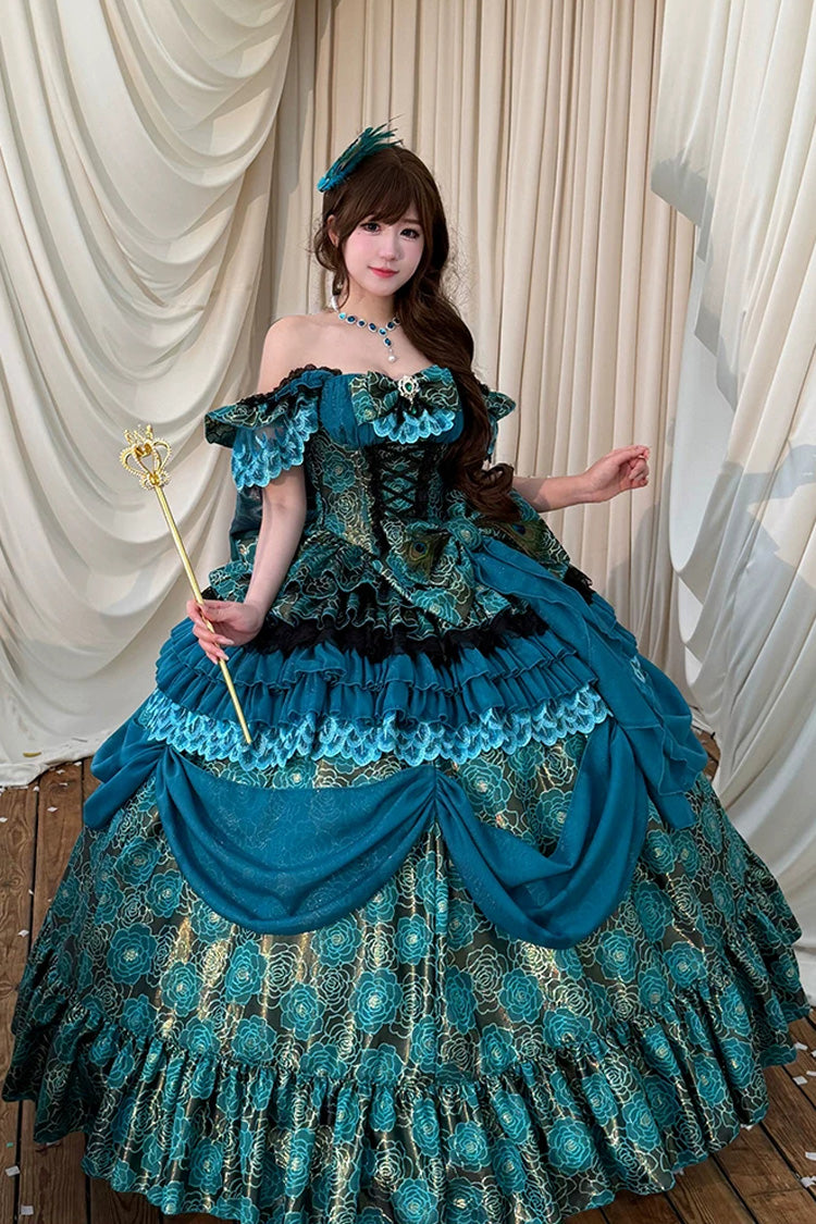 Peacock Sleeveless Ruffled Bow Lace-Up Elegant Lolita JSK - Blue/Green