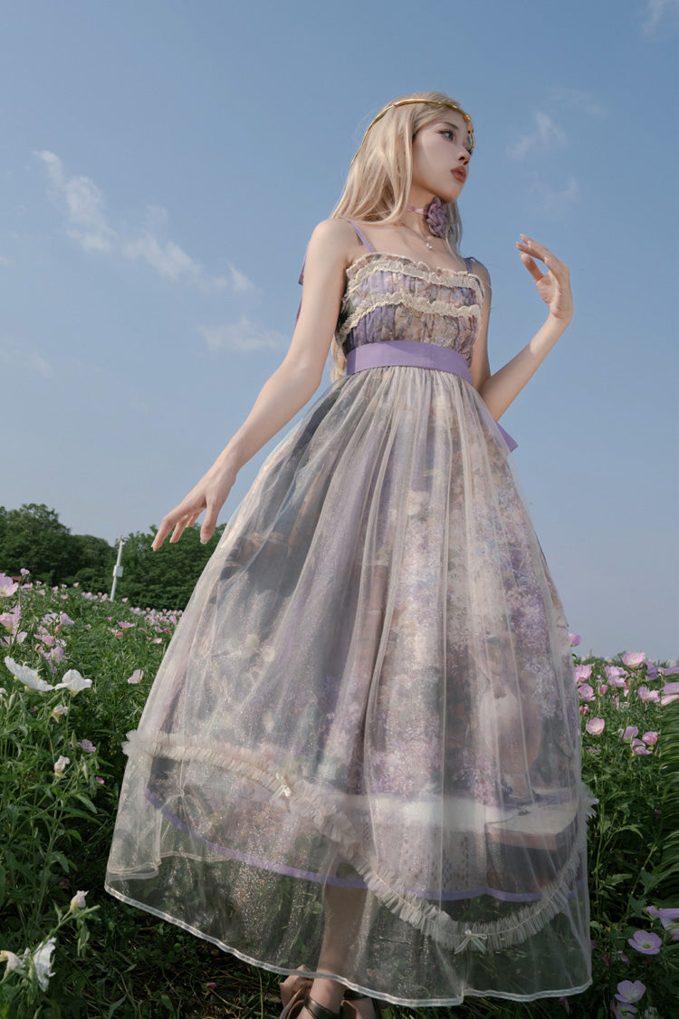 Violet Shaded Blossoms Oil Painting Sleeveless Printed Ruffled Bow Lace JSK