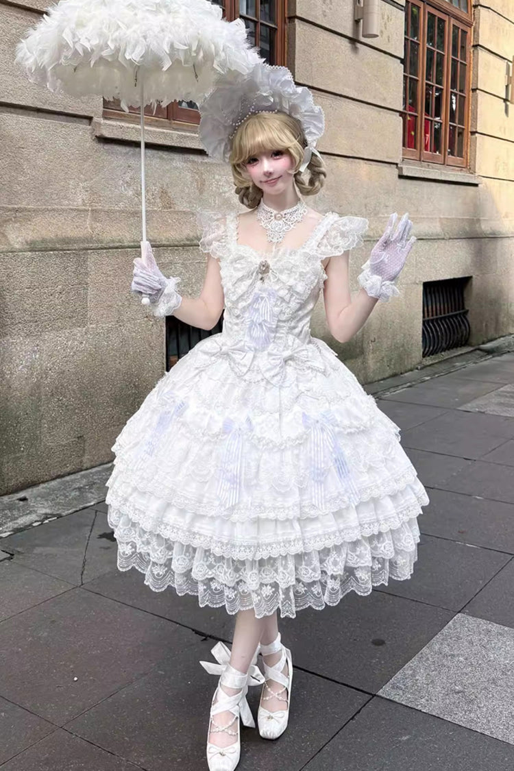 Ivory Moonlit Sakura Ode Sleeveless Tiered Ruffle Bow Lace Lolita Dress