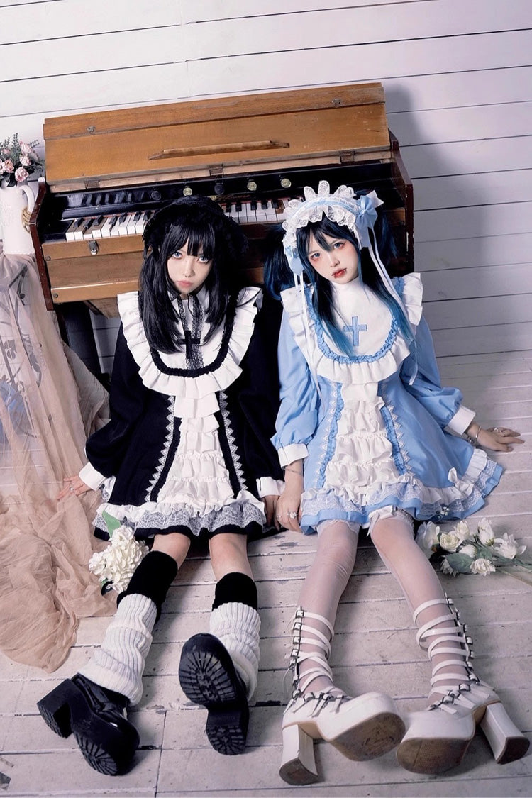 White/Blue Long Sleeves Cross Print Nun Style Ruffle Multi-Layer Sweet Lolita Dress