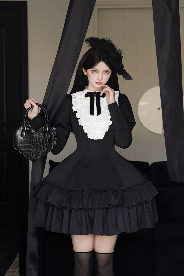 Black Miss Weir Stand Collar Long Sleeved Double-Layered Ruffled Gothic Dress