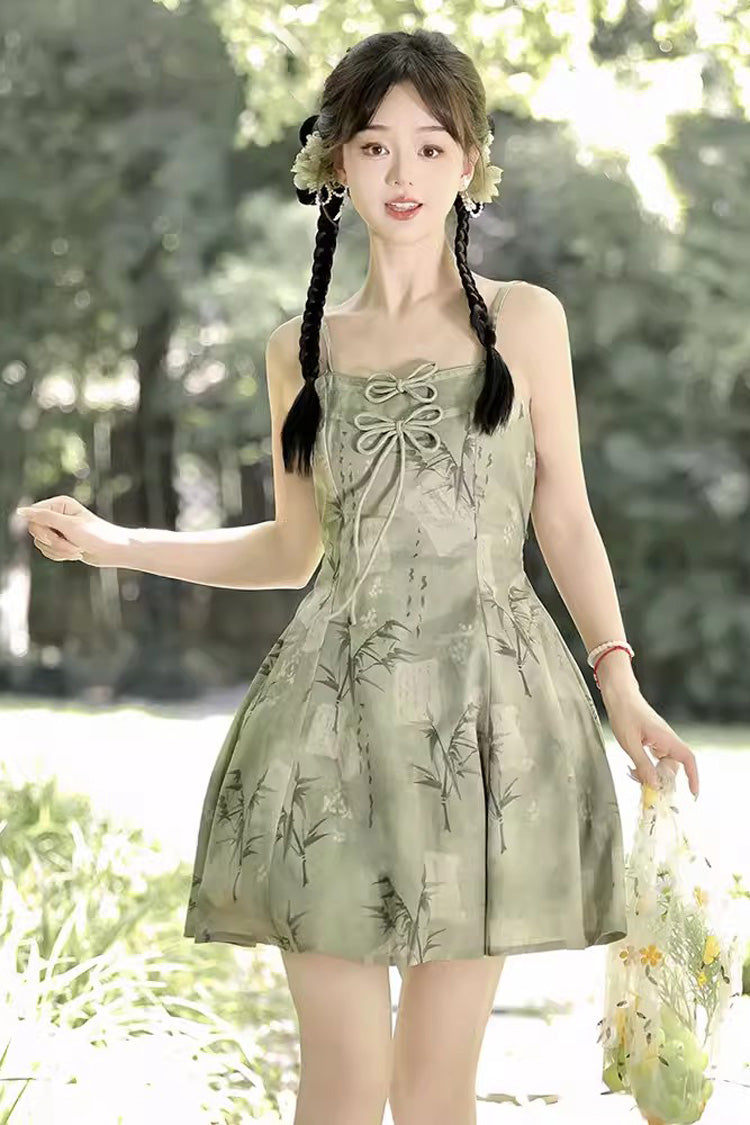 Green Bamboo Printed Lace-Up Sweet Chinese Lolita Jumper Dress