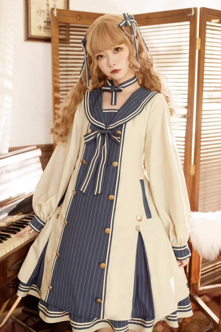 Navy Collar Long Sleeve Print Ruffle Sweet Plus Size Lolita Dress Blue Apricot