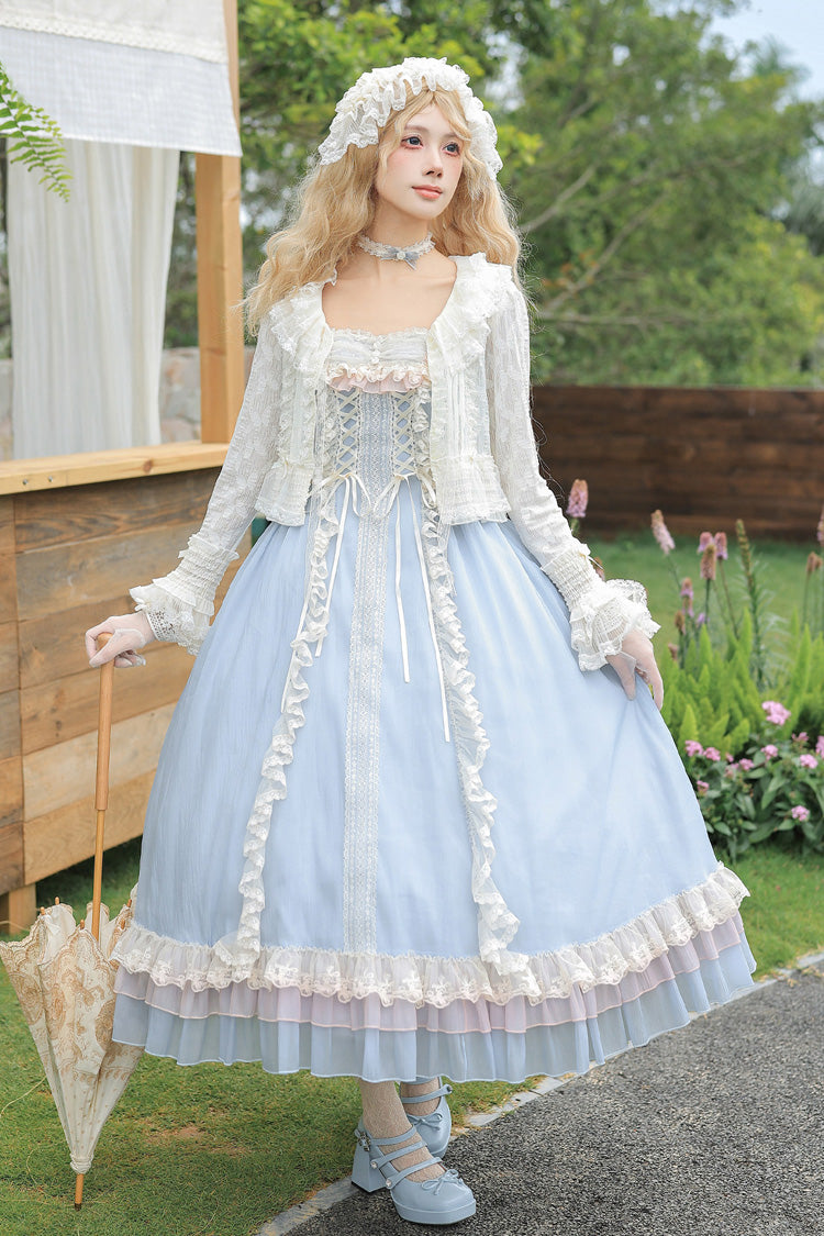 Island Diary Square Collar Flutter Sleeves Triple-Layered Ruffled Lace-Up Sweet Lolita Jsk Dress 2 Versions - Blue