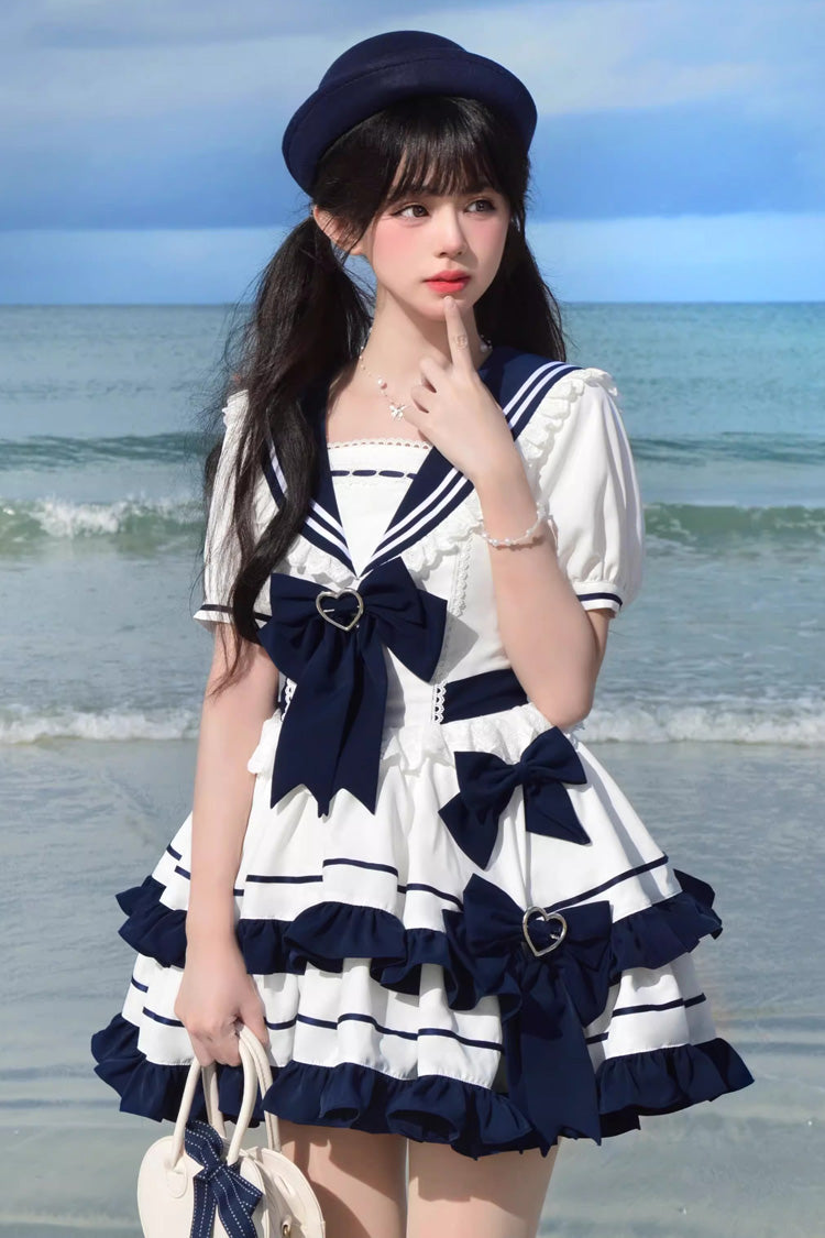 Dark Blue Double Layer Ruffled Sweet Lolita Dress - Short Sleeved Lace