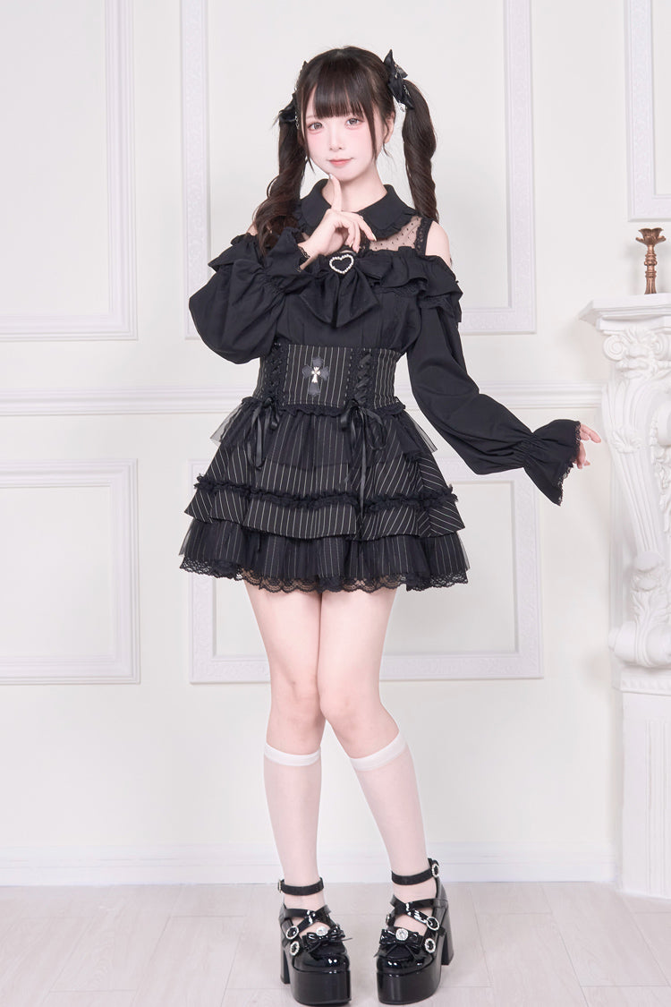 Off Shoulder Bowknot Lace-Up Print Long Sleeve Jirai Blouse in Three Colors