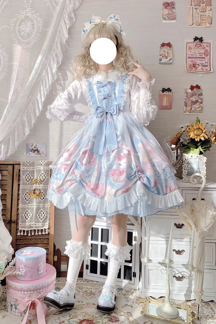Azure High-Waist Rabbit-Print Sweet JSK with Ruffled Bow
