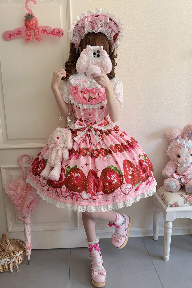 Strawberry Print Ruffled Bow Lace Sweet Lolita JSK
