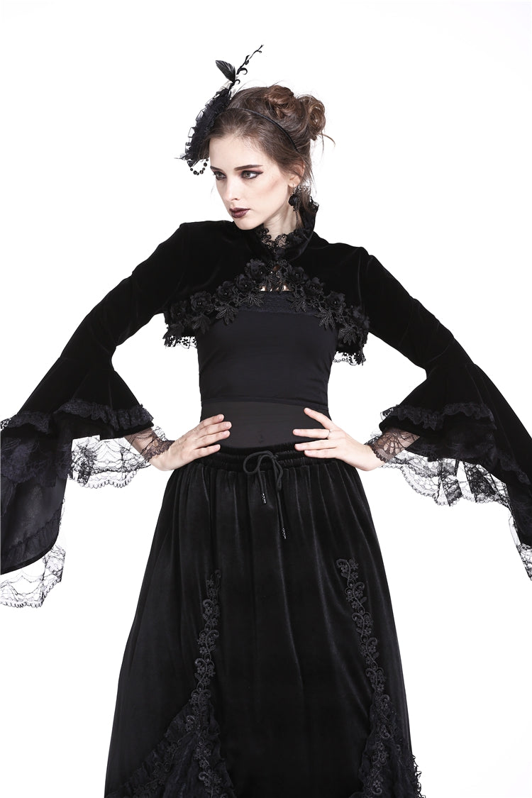 Multi-Layered Long Trumpet Sleeve Rosette Velour Gothic Bolero for Women Lace