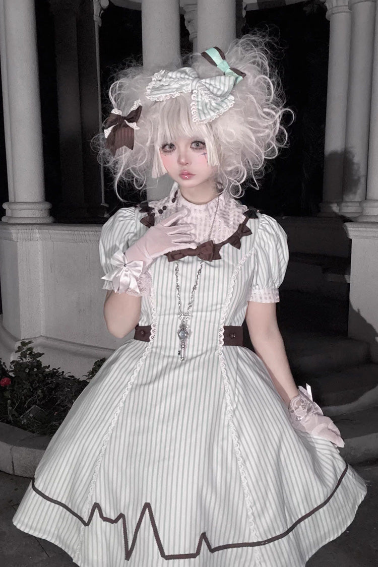 Green Striped Bow Nurse Lolita Stand-Collar