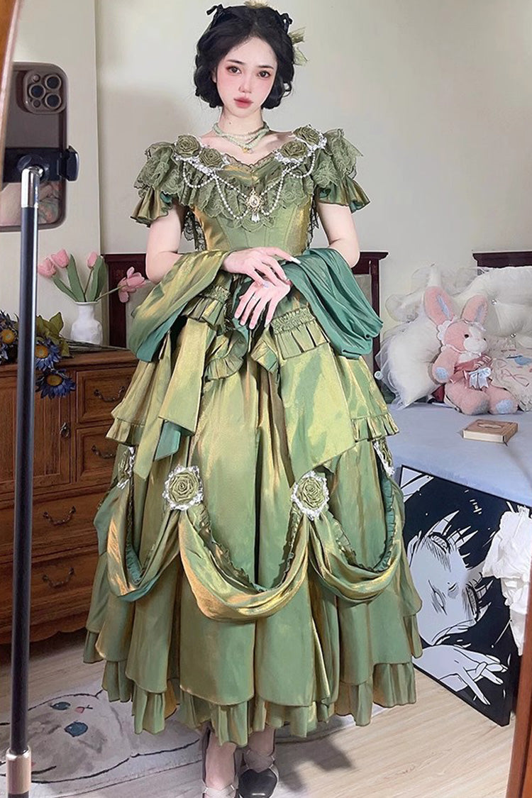 Green Rose-Printed Sweet Strapless Dress with Bowknot