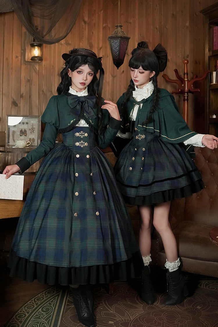 Blue Green Berlin Letter Double-Layered Plaid Print Ruffle Bowknot Classic College Style Lolita Strap Dress Set