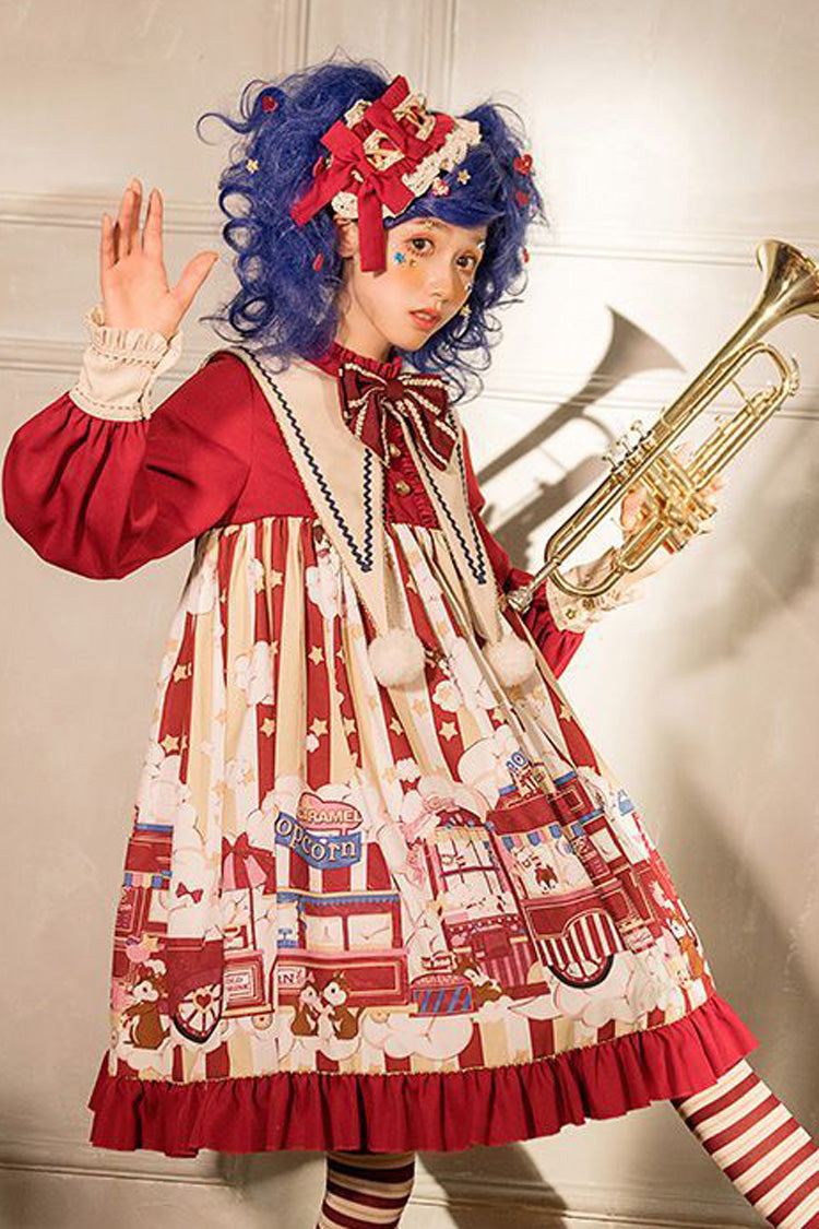 Crimson Lapel Bow Lantern Sleeve Popcorn Print Lolita OP Dress
