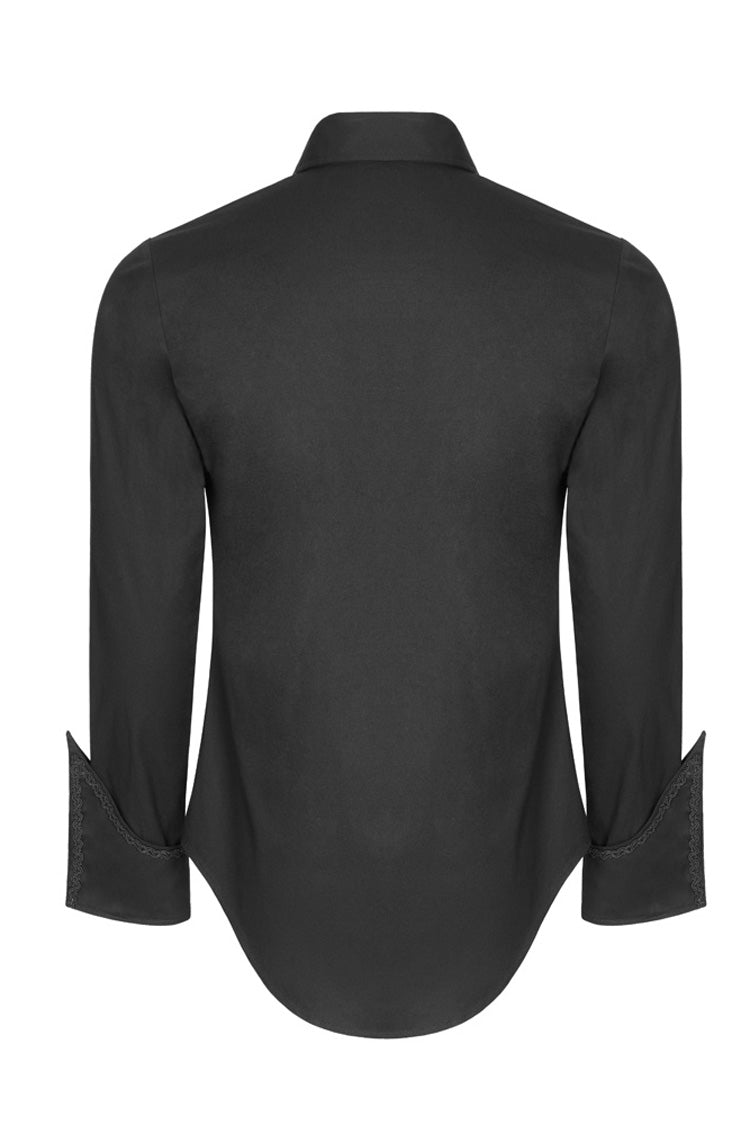Jet-Black Gothic Shirt with Metal Buckle Trim and Sharp Hem for Men
